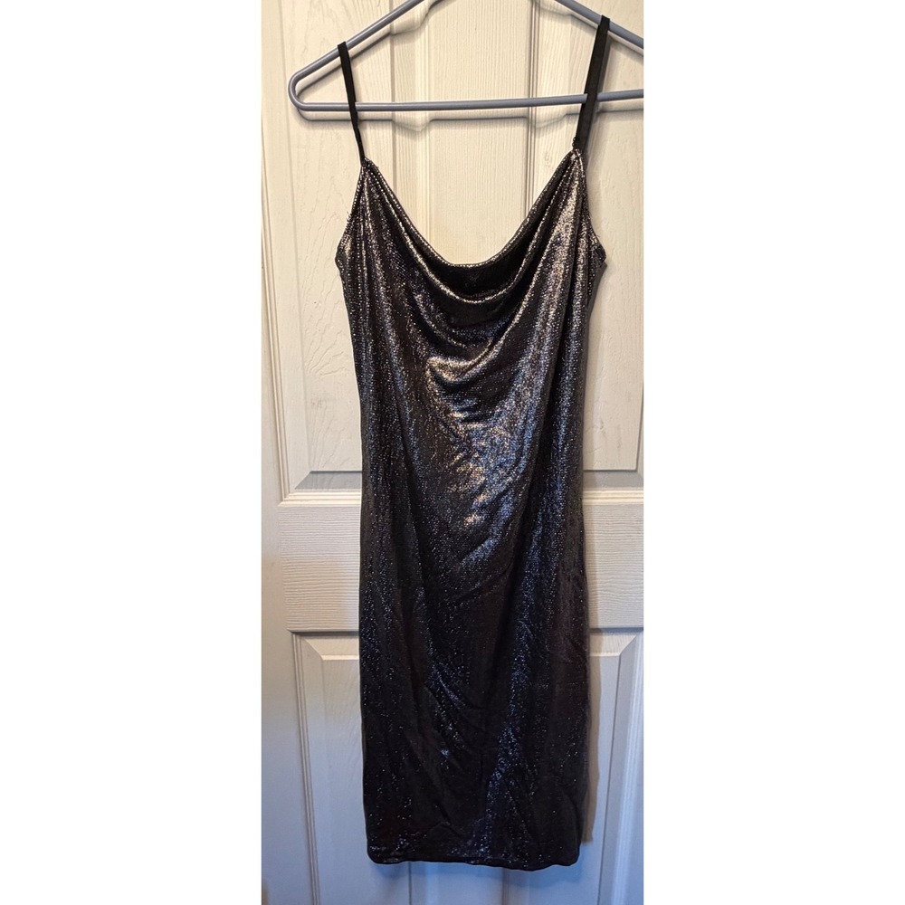 Bebe Metallic Shimmer Cowl Neck Bodycon Dress Silver Black Large Made in USA
